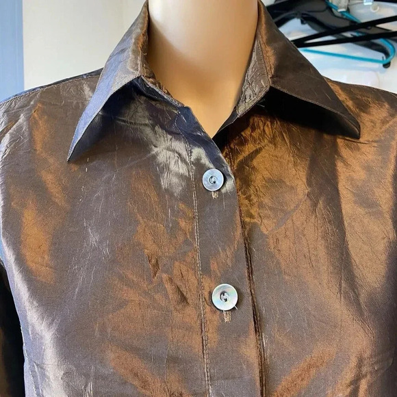 Victoire Y2K metallic Brown long sleeve button-up top satin Silk Blend Women’s S - Picture 6 of 11